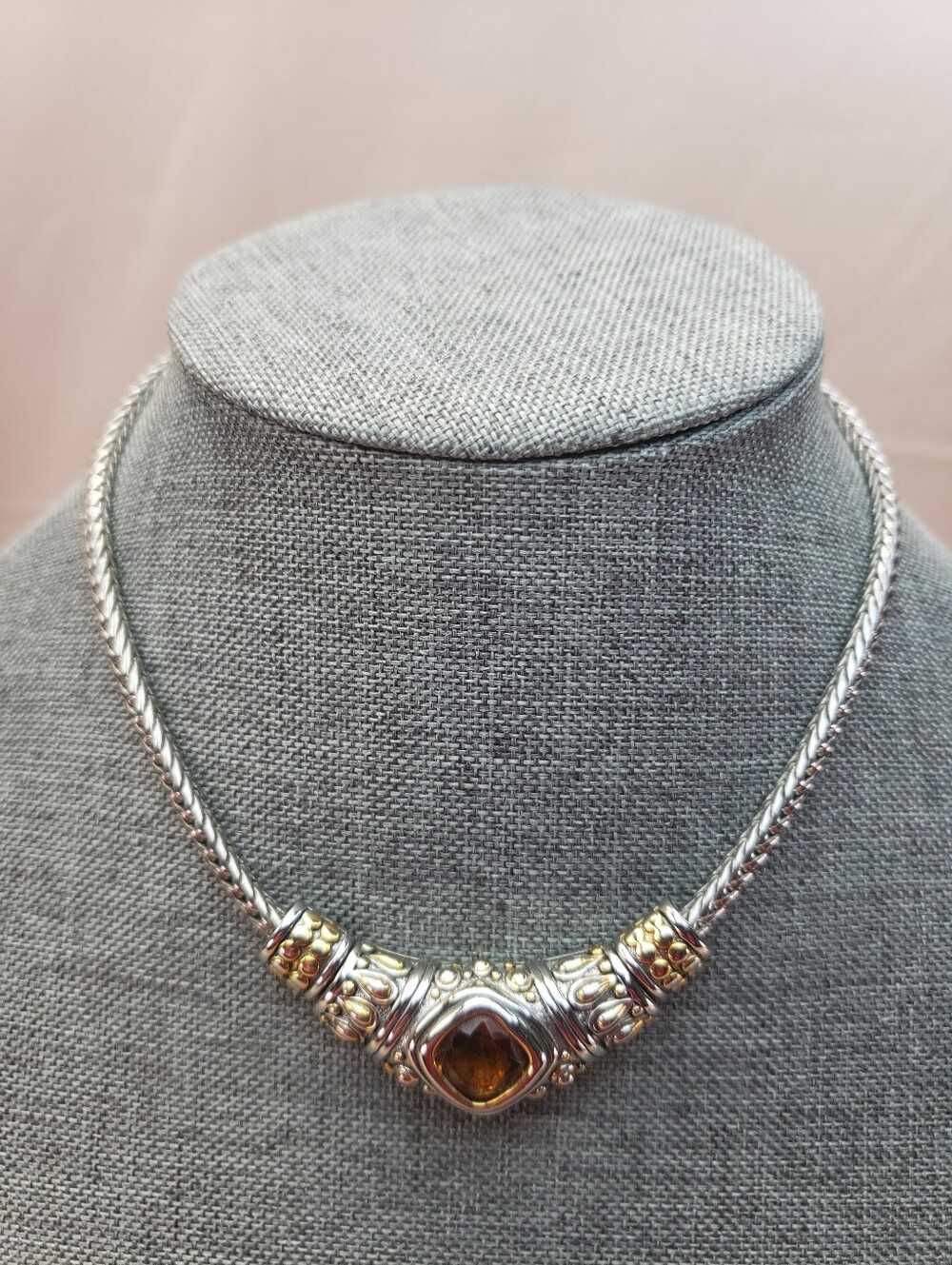 MX Signed Silver and Gold Tone Wheat Chain Necklace with Citrine Center Stone